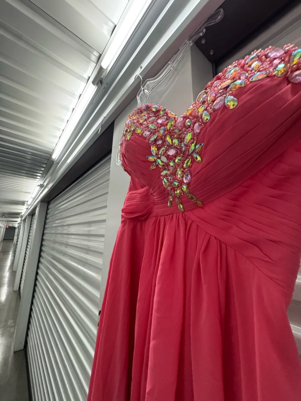 Strapless Coral Evening Gown with Embellished Sweetheart Bodice - Picture 4 of 8